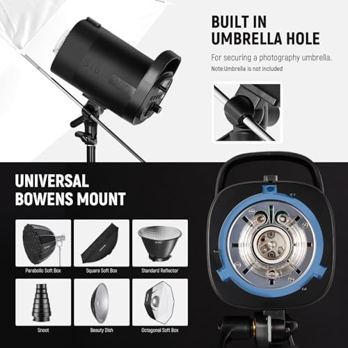 NEEWER 600Ws Studio Monolight Flash Light Kit: 2 Pack S101-300W PRO 5600K Strobe Lights with 2.4G Trigger/150W Modeling Lamps/Bowens Mount/Softboxes/Stands/Reflector/Bag, Compatible with QPRO