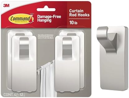 Command Medium Satin Nickel Curtain Rod Hooks, 4 Hooks, 12 Strips