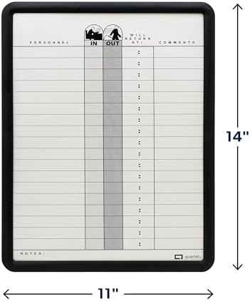 Quartet In and Out Dry Erase Magnetic Board 11"W x 14"H, In & Out Personnel Matrix for 18 Names, DuraMax Porcelain, Black Frame (750)