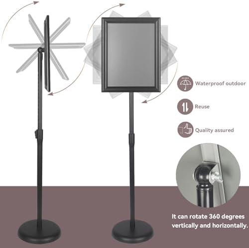 YDisplay Adjustable Sign Holder Stand with Base 11x17inches Aluminum Snap Open Frame Pedestal Sign Stand,Vertical and Horizontal View Sign Displayed, Round Base for Church Shool Office,Black