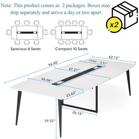 Tribesigns 8FT Conference Table, 94.48L x 47.21W x 29.52H Inches Boat Shaped Meeting Table with Rectangle Grommet, Modern Seminar Table for Office Meeting Conference Room (White & Black, 8ft)