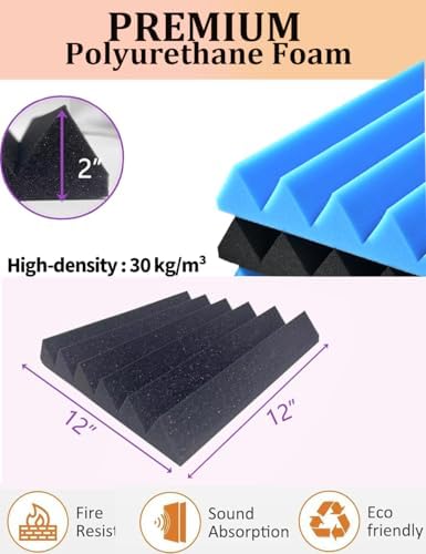 Sound Proof Foam Panels for Wall 24 Pack Acoustic Panels Sound Absorbing 2" X 12" X 12" Fire-Proofed Soundproofing Foam High Density Sound Dampening Panels for Room Studio