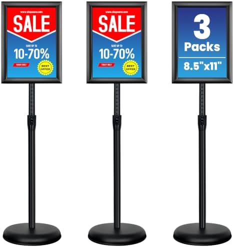 3 Pack 8.5x11 Inch Sign Holder Stand, Adjustable Pedestal Sign Stand, Heavy Duty Floor Standing Sign Holder, Aluminum Snap Open Frame Poster Stand, Vertical & Horizontal Display (Black)
