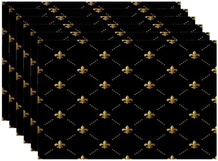 Batmerry Gold Black French Placemats, Flowers Golden Fleur De Lis Black Gold from Art Washable Linen Table Mats for Kitchen Table Double Insulation Decor Dining Set Indoor Outdoor 12X18 in Set of 6