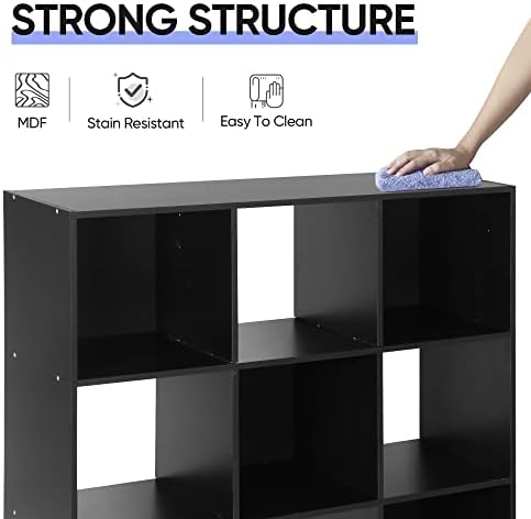 JupiterForce 9 Cube Storage Organizer Wooden Display Shelf W/ 5 Removable Back Panels, Customizable Bookcase Bookshelf for Home, Office, Bedroom and Living Room (Black)