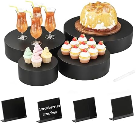 Round Metal Buffet Risers,4PCS Food Risers for Buffet Table 6in to 12in with Mini Acrylic Signs for Catering Dessert Collectibles Jewelry Figures Show Matte Black Cube Boxes Nesting Risers with Hollow Bottoms