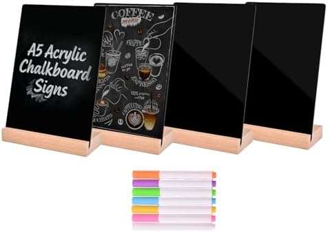 Pintuson 4 Pack Mini Chalkboard Signs - 8x6 inch Acrylic Chalk Board - Small Chalkboard Signs with Beech Base - Double Sided Blackboard for Display Menus, Food Signs, Message Boards, Table Numbers