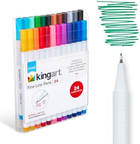 KINGART Studio Fine Line Pens, 24 Colors Set, 0.4mm Ultra Fine Tip for Drawing, Sketching, Journaling, Adult Coloring, & Art Projects, Water-Based Ink, Non-Bleeding.