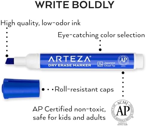ARTEZA Dry Erase Markers, Bulk Pack of 36 Blue Whiteboard Markers with Chisel Tip, Low-Odor, Quick-Drying Ink for Office, Meeting Rooms & Home Use