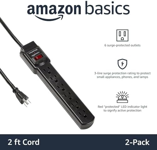 Amazon Basics 6-Outlet Surge Protector Power Strip with 200J Protection, Circuit Breaker, 2ft Extension Cord, Black, 2-Pack