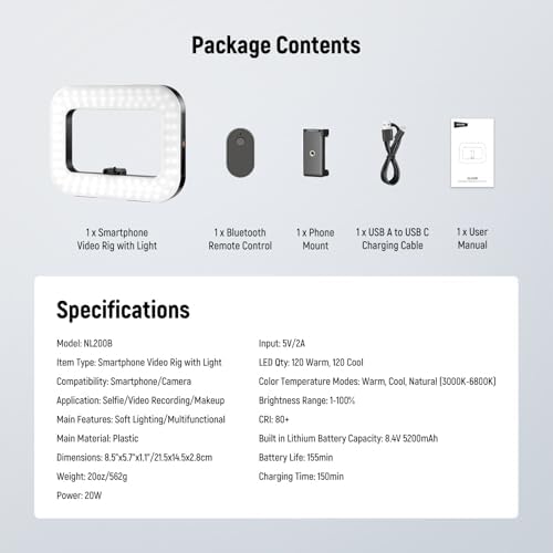 NEEWER Entry Level Version Phone Video Rig with Light, Handheld Stabilizer with 20W Bi Color LED Square Ring Light, 3 Cold Shoes/5200mAh Battery/CRI80+ for Selfie Streaming Vlog Recording, NL200B