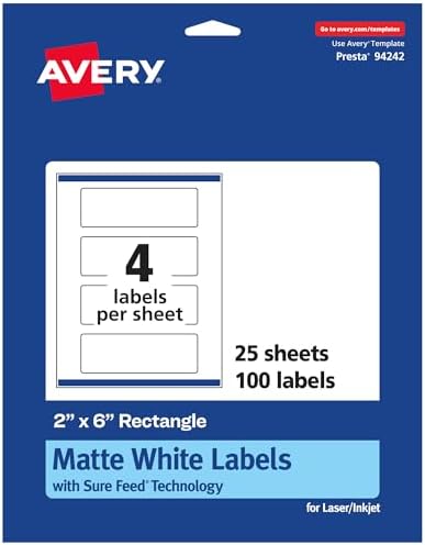 Avery® Matte White Rectangle Labels, Sure Feed® Technology, 2" x 6", 100 Matte White Printable Labels