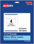 Avery® Matte White Rectangle Labels, Sure Feed® Technology, 2" x 6", 100 Matte White Printable Labels
