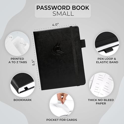 Clever Fox Password Book with Alphabetical Tabs, 4"x5.5" Keeper Black