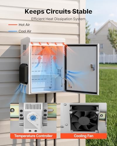 VEVOR Outdoor Electrical Box, Cold-Rolled Steel, Electrical Junction Box with Thermostat and Fan, Rain Hood, Ventilated Design, IP65 Waterproof Hinged Enclosure, Wall/Pole Mounted, 20 x 16 x 8 in