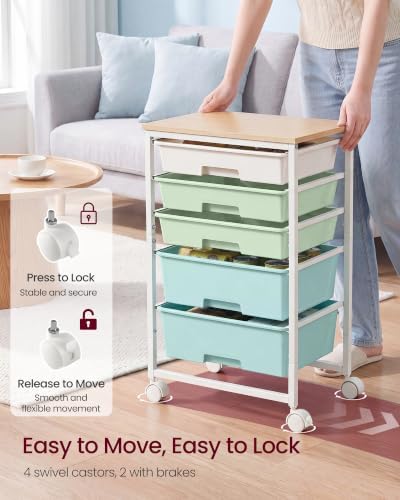 VASAGLE Rolling Cart with Drawers,5 Drawers Storage Cart, Green and White