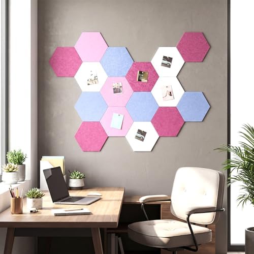 12x10 in 16 Pcs Hexagon Cork Board Tiles, Felt Pin Boards, Pink