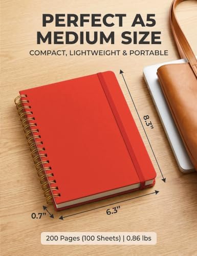 5 Pack Hardcover Spiral Notebooks, 8.3" x 6.3" Lined Journal Set, 100 GSM Bleed-Resistant Paper, 200 Pages Twin-Wire Bound Notebook with Elastic Band & Category Stickers for Office, School