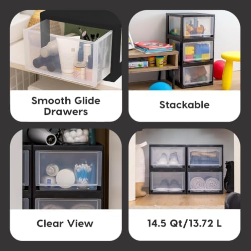IRIS USA Plastic Storage Drawer Organizer, 14.5 Qt Stackable, 3 Pack, Black