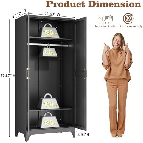 71" Black Metal Wardrobe Closet with Full-Length Mirror, 18" Deep Steel Armoire Clothes Storage Cabinet with Sturdy Hanging Rod & Adjustable Shelves for Bedroom Home Office