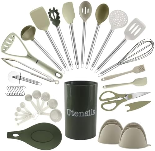 COOK WITH COLOR Silicone Cooking Utensils, Kitchen Utensil Set, Easy to Clean Silicone Kitchen Utensils, Cooking Utensils for Nonstick Cookware, Kitchen Gadgets Set, 38 Piece, Green