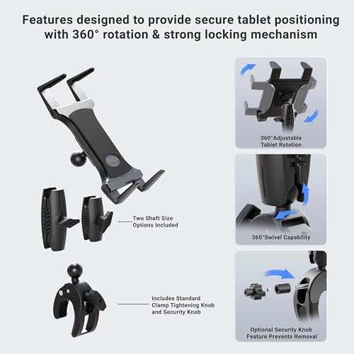 ARKON Mounts - Tablet Holder with Clamp Mount | Corrosion-Resistant | Tablet Stand w/Sturdy Clamp | Security Knob Feature | Two Adjustable Shafts Included | Fits iPad and Samsung Tablets