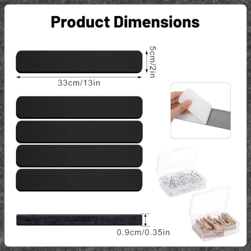 Thboxes 8 Pack Felt Bulletin Board Strips, 13x2 Inch Self Adhesive Felt Pin Boards with 50 Pushpins and 10 Wooden Clips Push Pins, Cork Board for Walls Home Office Decor(Black)