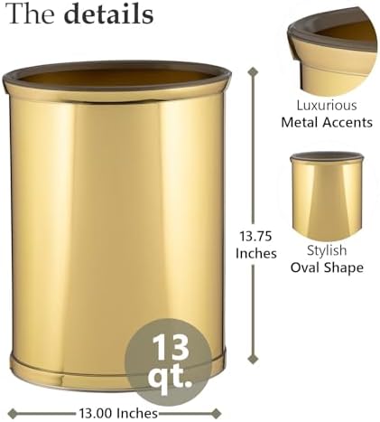 Kraftware Polished Brass Colored Mylar Designer 14” Oval Wastebasket for Home & Office