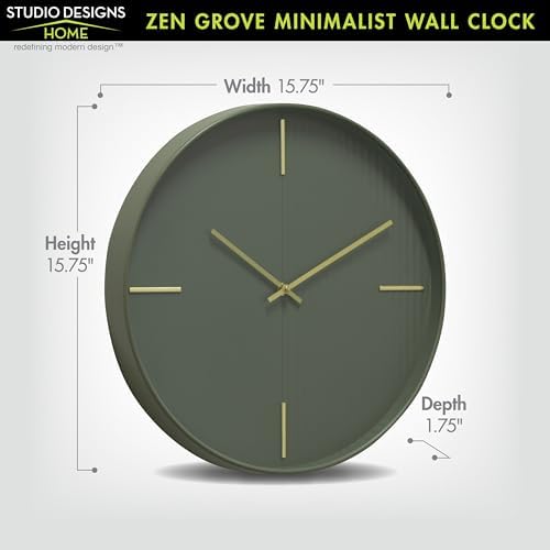 Zen Grove Minimalist Wall Clock, 15.75” Modern Green Wall Clock with Gold Accents, Subtle Stripe Face, Quartz Movement, Glass Cover, Contemporary Home Décor