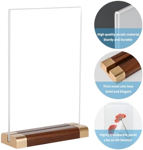 LIANHELILAI Acrylic Sign Holder 5" x 7" with Wood-Color Base, Tabletop Double-Sided Display Sign Frame Vertical Clear for Store/Coffee Shop/Restaurant Menu Hotel Display Board, 3 Pack T Shape