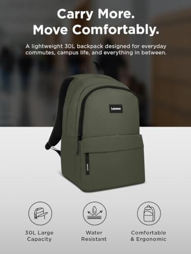Lenovo 16-inch Commuter Backpack B10, Lightweight 30L Laptop Backpack, Water-Resistant Travel Bag with 6 Storage Compartments, Anti-Theft Pocket & Luggage Strap, Fits Up to 16" Laptop, Green
