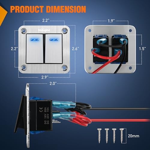Nilight 2 Gang Rocker Switch Panel 3 Pin On Off Pre-Wired Blue LED