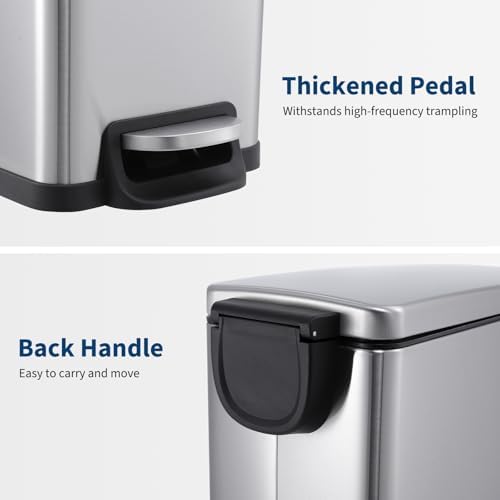 PrecisionAuto 12 Gallon Slim Trash Can with Lid, 45L Stainless Steel Step Garbage Can with Soft-Close Lid & Inner Bucket, Narrow Kitchen Garbage Bin, Metal Wastebasket for Home/Office, Silver