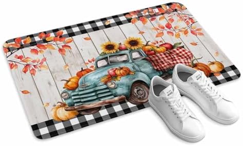 Fall Door Mat Harvest Pumpkin Teal Truck Doormat Sunflower Maple Leaves Wood Plaid Harvest Thanksgiving Welcome Mat Non Slip Entryway Front Rug Floor Mat for Indoor Outdoor Kitchen Autumn 20x32