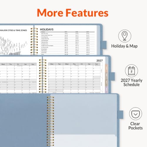 SUNEE 2027 Weekly & Monthly Planner 9"x11.2"- 12 Month (January 2027 - December 2027), Vegan Leather Cover, Pocket, Bookmark, Notes, Monthly Tab, Grey Blue