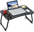 ZEAPTAC Laptop Bed Desk, Foldable Lap Desk, Portable Lap Table, Laptop Stand with Cup Holder, Tablet Slot & Lifting Handle for Work, Write, Draw & Eat on Bed, Sofa or Couch - Black