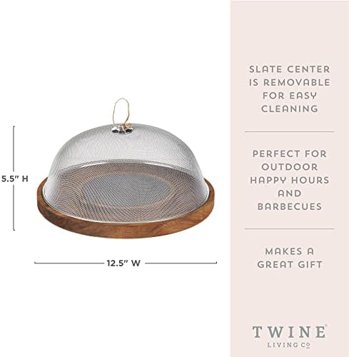 Twine Modern Manor Slate & Acacia Wooden Charcuterie Board With Dome Cover, Outdoor Entertaining Cheese Board, Snack Platter, 3-Piece Set