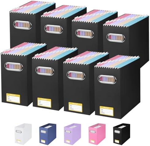 BALEINE 8PK File Organizer Box, Cardboard File Folder Organizer with Handle | Strong Corrugated Paper Core, Label Stickers for Identification, Hanging File Folder Organizer, Home Office Document Storage