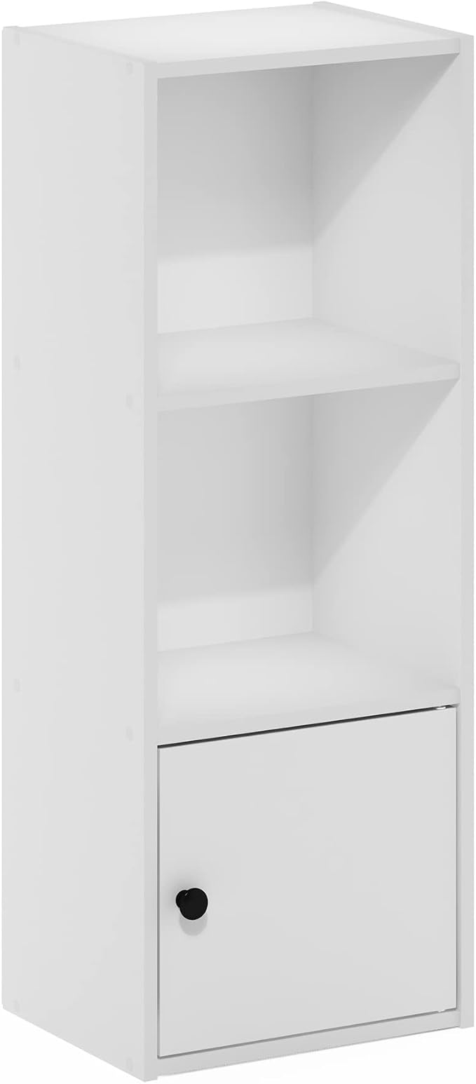 Furinno LUDER Book Shelf, 3-Tier Modern Bookshelf, Bookcase with 1 Door Storage Cabinet, 9.3 x 12 x 31.5, for Organization and Storage, for Living Room, Bedroom, Home Office, White