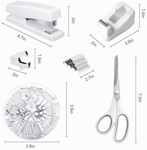 Office Supplies, White Desk Accessories,Desk Organizer,Phone Stand,Scissors,Stapler,Tape Dispenser,Binder clips,Staples,staple remover,Sticky Notes,Index Tabs,Clear Tape,Mini Box Cutter,Cool Pen.16pcs