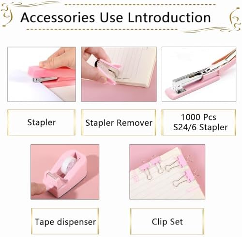 Office Supplies,Pink Desk Accessories, Stapler and Tape Dispenser Set for Women with Stapler,Tape Dispenser,Staple Remover,Staples,Clips,Scissors and Tabs,Gift for Students,Coworkers,Teacher,Business