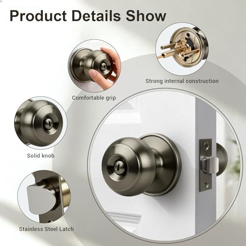KNOBWELL 10 Pack Privacy Door Knob for Bathroom or Bedroom Door Knobs, Round Interior Door Knobs, Indoor Door Knob, Keyless Door Knob with Lock, Door Handle Lock, Antique Brass
