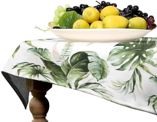 Green Tropical Leaves Tablecloth, Watercolor Jungle Plam Leaves Floral Botanical Print Farmhouse Holiday Tablecloths for Home Kitchen Party Dinner Decor 60x90in