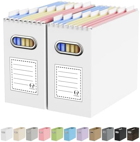 Oterri Portable Collapsible Cardboard File Box with Handle for Letter-Size | 2-Pack. Stainless Steel Handle. Label Stickers Included. Fits Letter Folders (Not Included). Home, Office, School, Dorm, Tax.