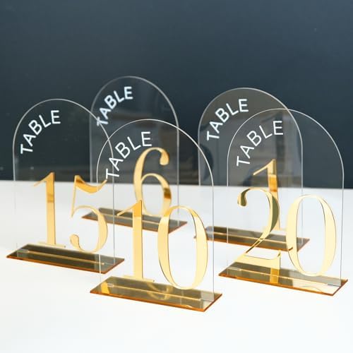 Clear Arch Wedding Table Numbers 1-15, Gold Numbers and Stands