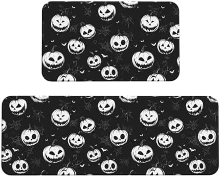 Thanksgiving Halloween Pumpkin Kitchen Floor Mat Set of 2, Non Slip Rugs Absorbent Mats for Floor Countertop Office Home, Black White Indoor Outdoor Decor Doormat 17" x 29.5" + 17" x 47"