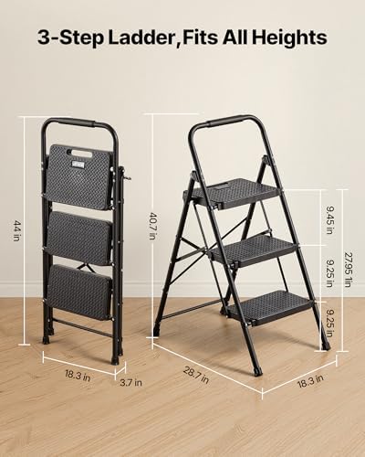VEVOR 3 Step Ladder, Folding Step Stool with Wide Anti-Slip Pedal and Comfort Handgrip, Lightweight 600 lbs Capacity Portable Steel Ladder, Multi-Use for Kitchen, Home, Household and Office, Black