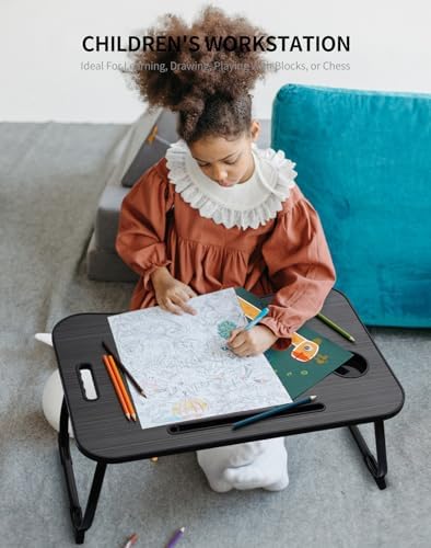 ZEAPTAC Laptop Bed Desk, Foldable Lap Desk, Portable Lap Table, Laptop Stand with Cup Holder, Tablet Slot & Lifting Handle for Work, Write, Draw & Eat on Bed, Sofa or Couch - Black