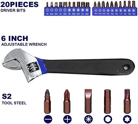 Torin 129 Piece Tool Set Household Repair Tool Kit with Plastic ToolBox, S2 tool steel adjustable wrench, driver handle, Wire Striper, measuring tape, screwdriver bits, screwdrivers Set.etc, APK129TSM