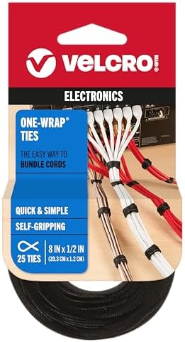 VELCRO Brand ONE-WRAP Cable Ties, 8in x 1/2in, Black, 25 Pack